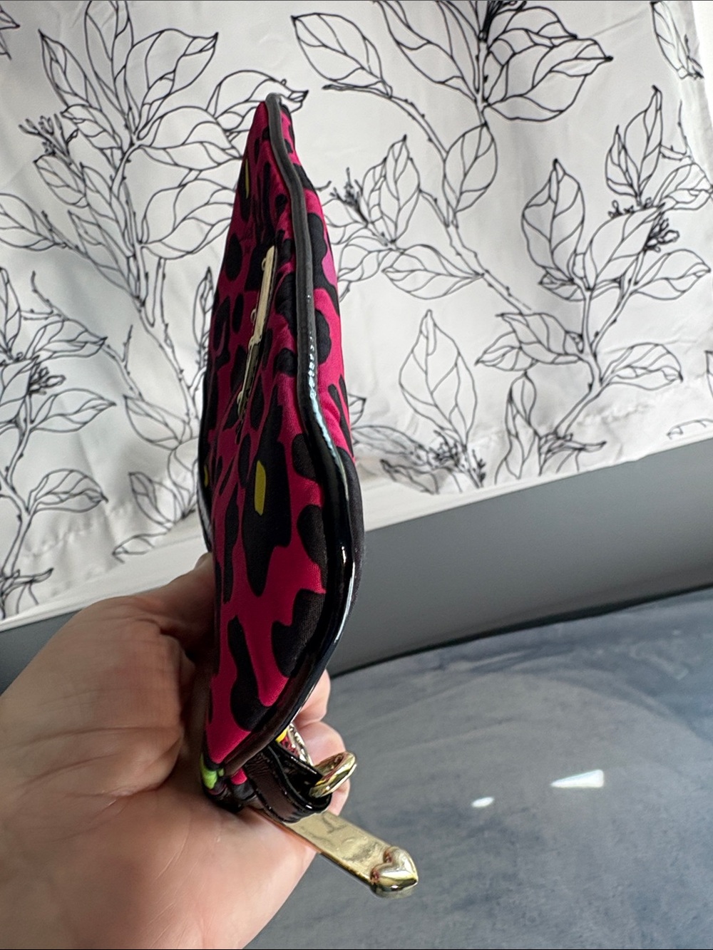 Betsey Johnson Fuchsia Leopard-Print Wristlet Clutch with Black Trim - Picture 9 of 11